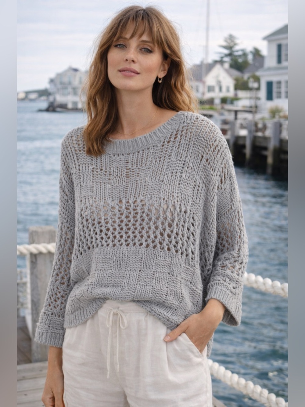 The Archives Gray Open Knit Basketweave Sweater 3/4 Sleeve Oversized Size Small